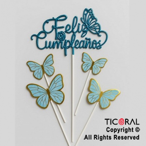 CAKE TOPPER CON 4 MARIPOSAS CELESTE Y FELIZ CUMPLEAOS CURSIVA CELESTE METALIZADO